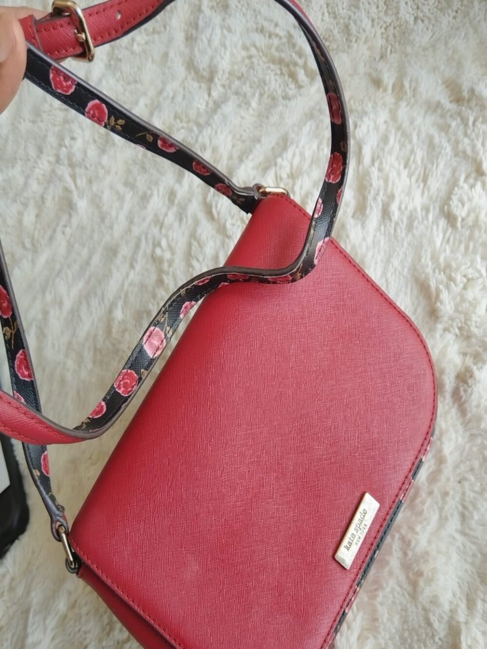 Kate Spade Red Saffiano Leather Floral Rose Flap Crossbody Shoulder Bag